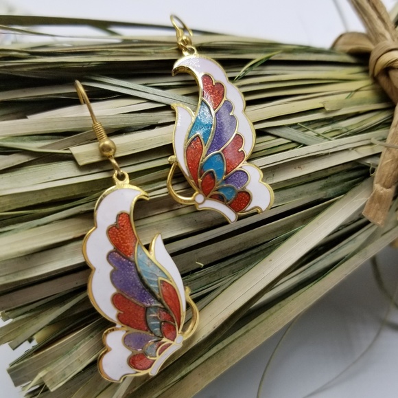 Vintage Jewelry - VINTAGE CLOISONNE EARRINGS BUTTERFLY EARRINGS